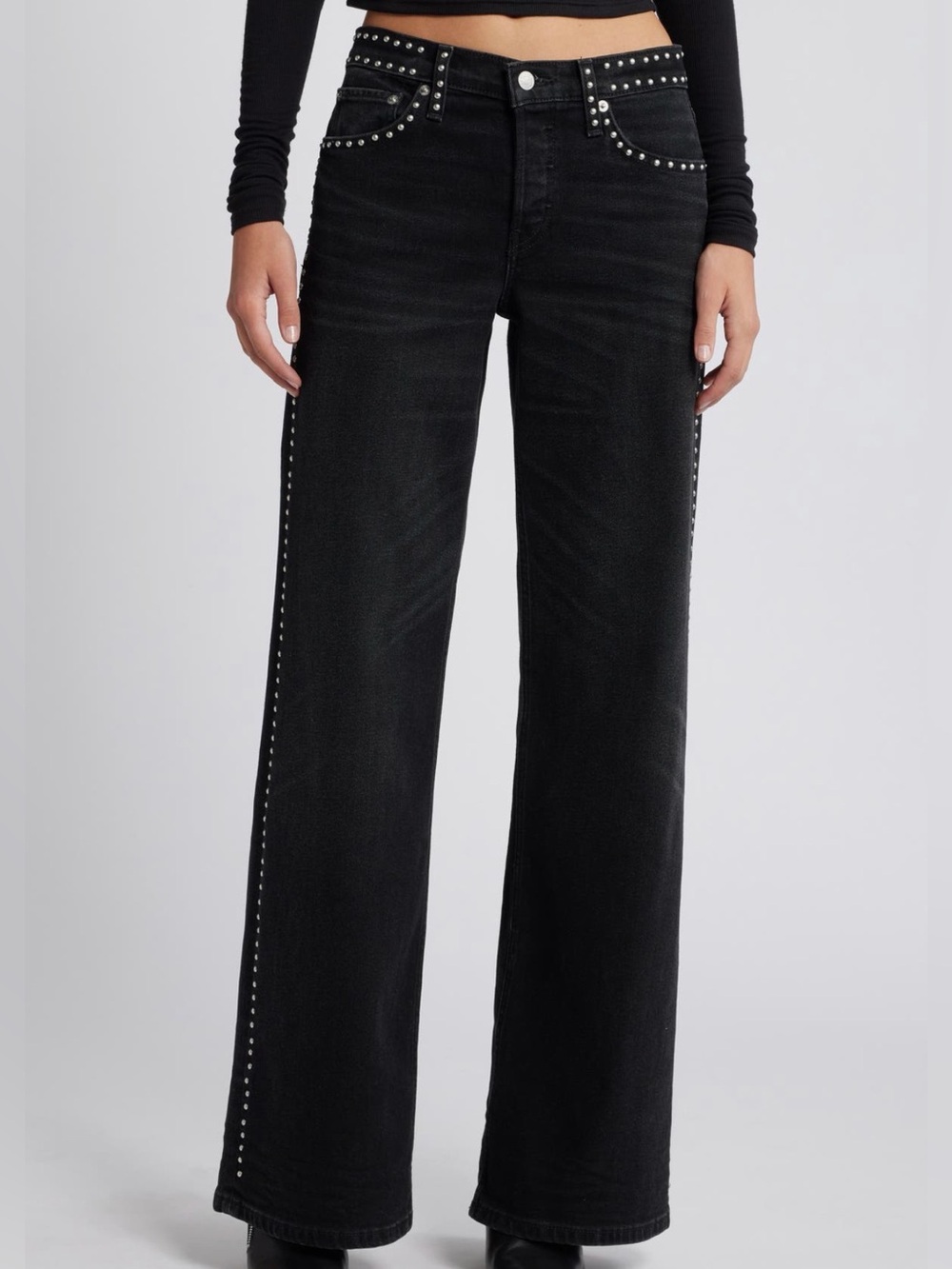 RE/DONE Studded Mid-Rise Wide Leg Jeans Black Button Fly Waist 27